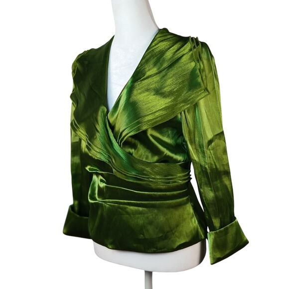 Vintage Y2K Layered Shimmery Green Blouse Early 2000s Formal Glam Xmas Party Top - Picture 1 of 15